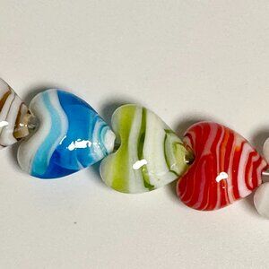 5 Glass Swirl Striped Heart Beads Brown Blue Green Red White
